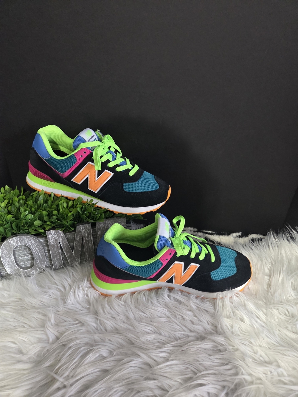 New Balance 574 Black Energy Neon Multicolor Retro Women Sneakers. Size 9.5D - Picture 2 of 11